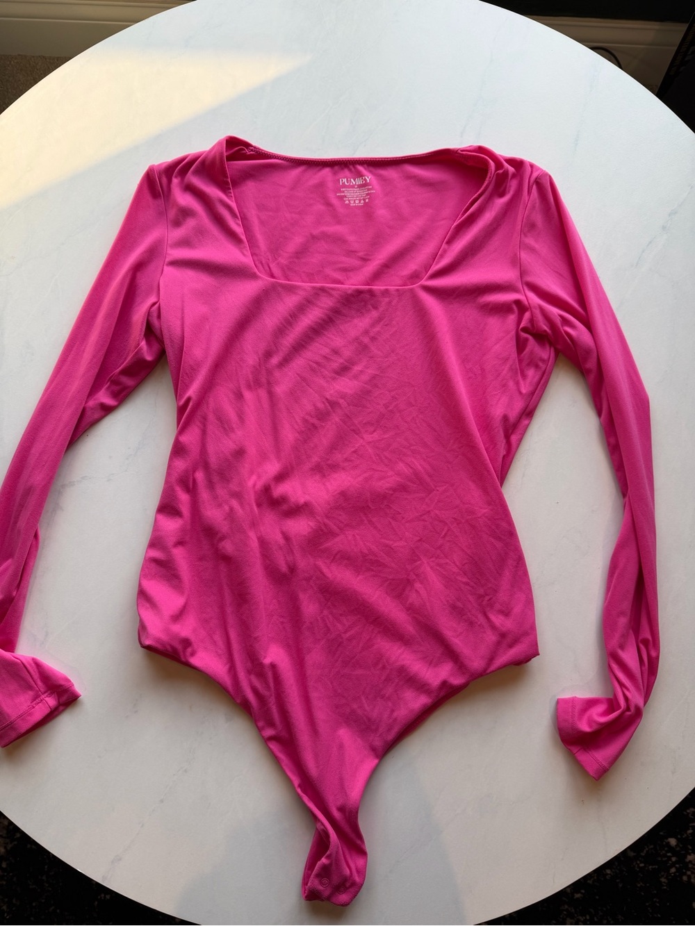 Pumiey Hot Pink Long Sleeve Square Neck Bodysuit